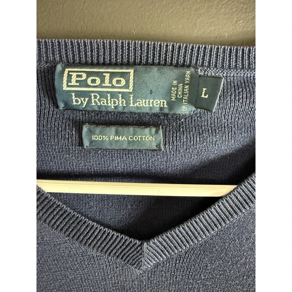 Polo Ralph Lauren Sweater Mens Size L Navy Blue Pima Cotton V‎ Neck Long Sleeve